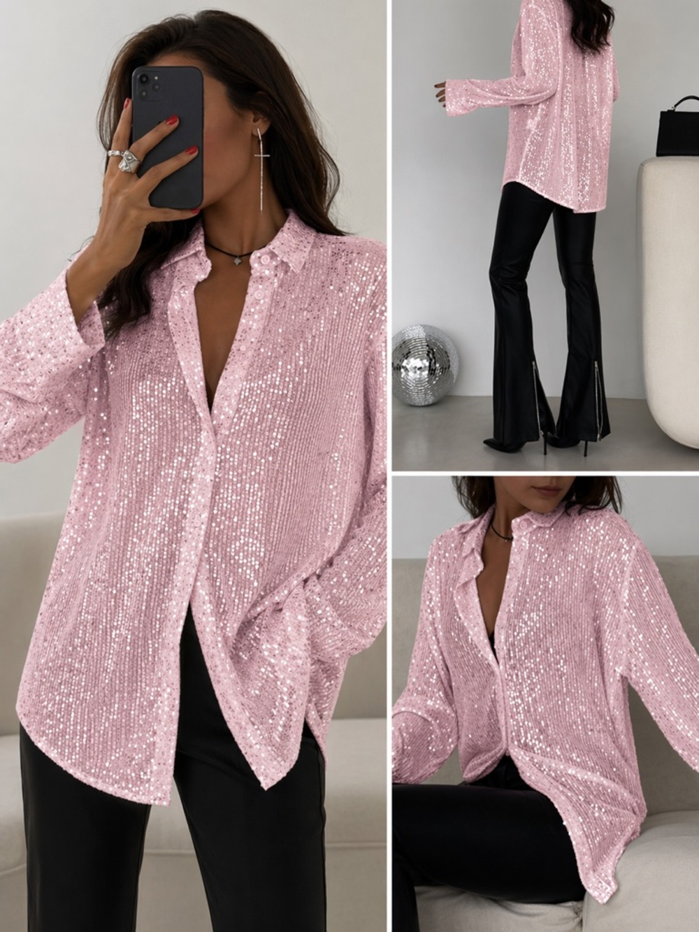Sequin Button-Front Blouse - Pink